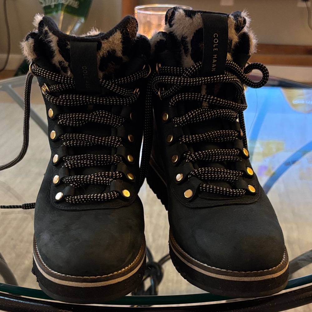 Cole Haan Black Leopard Print Winter Boots Size 8